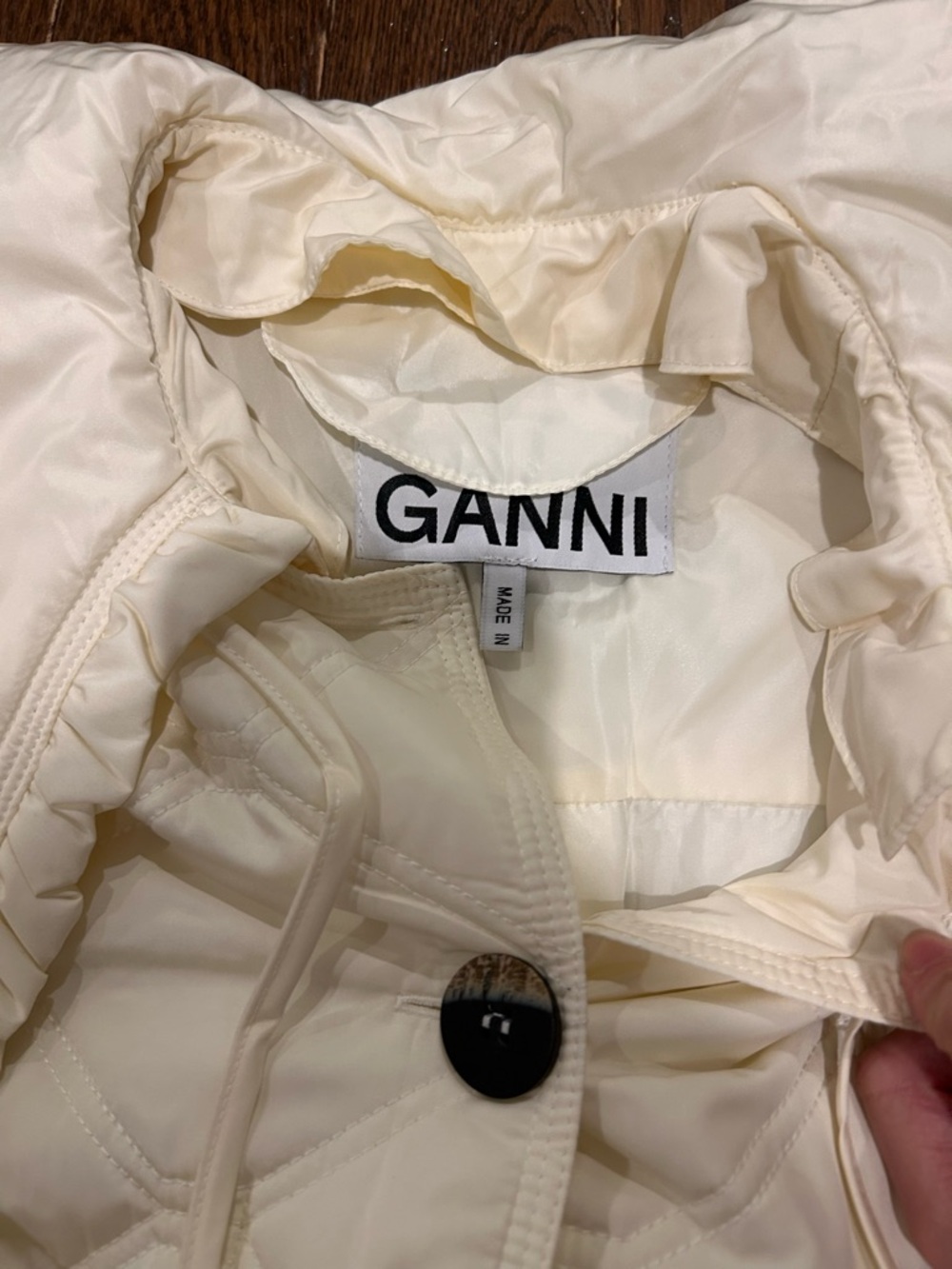 Ganni Cream and White Quilted Puffer Jacket with Ruffle Collar - Picture 3 of 4